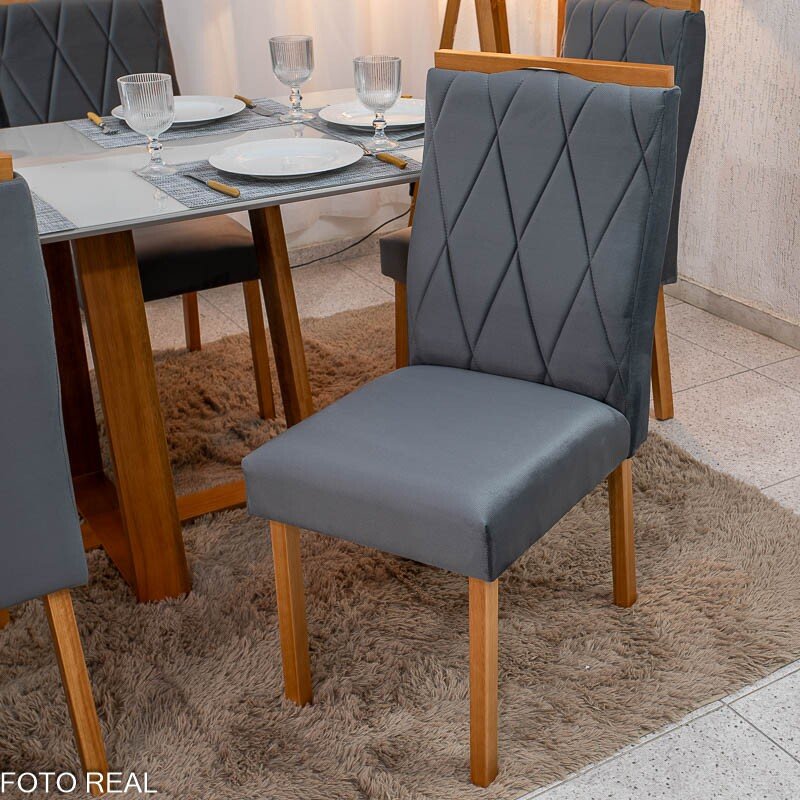 Mesa de Jantar Pedro 160x80 Vidro Off Base Madeira + 6 Cadeiras Lisboa Veludo Cinza 507 Art Assento - Entregue Montada - Imagem 6