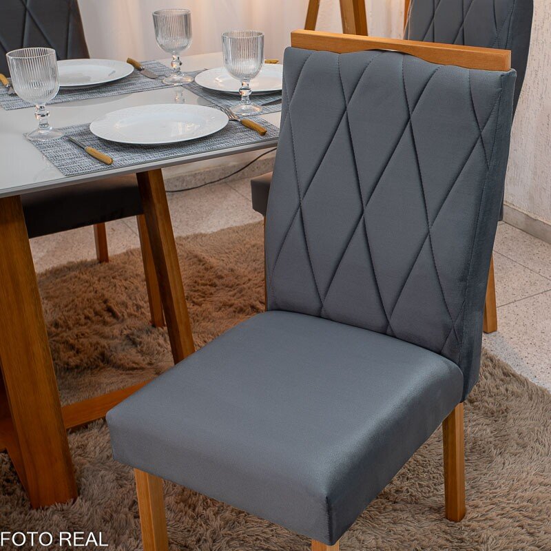 Mesa de Jantar Pedro 160x80 Vidro Off Base Madeira + 6 Cadeiras Lisboa Veludo Cinza 507 Art Assento - Entregue Montada - Imagem 7