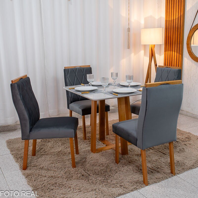 Mesa de Jantar Pedro 90x90 Vidro Off Base Madeira + 4 Cadeiras Lisboa Veludo Cinza 507 Art Assento - Entregue Montada