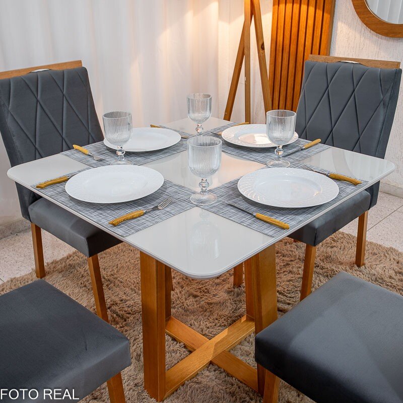 Mesa de Jantar Pedro 90x90 Vidro Off Base Madeira + 4 Cadeiras Lisboa Veludo Cinza 507 Art Assento - Entregue Montada - Imagem 2