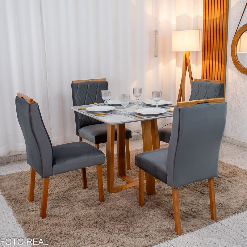 Mesa de Jantar Pedro 90x90 Vidro Off Base Madeira + 4 Cadeiras Lisboa Veludo Cinza 507 Art Assento - Entregue Montada - Imagem 3