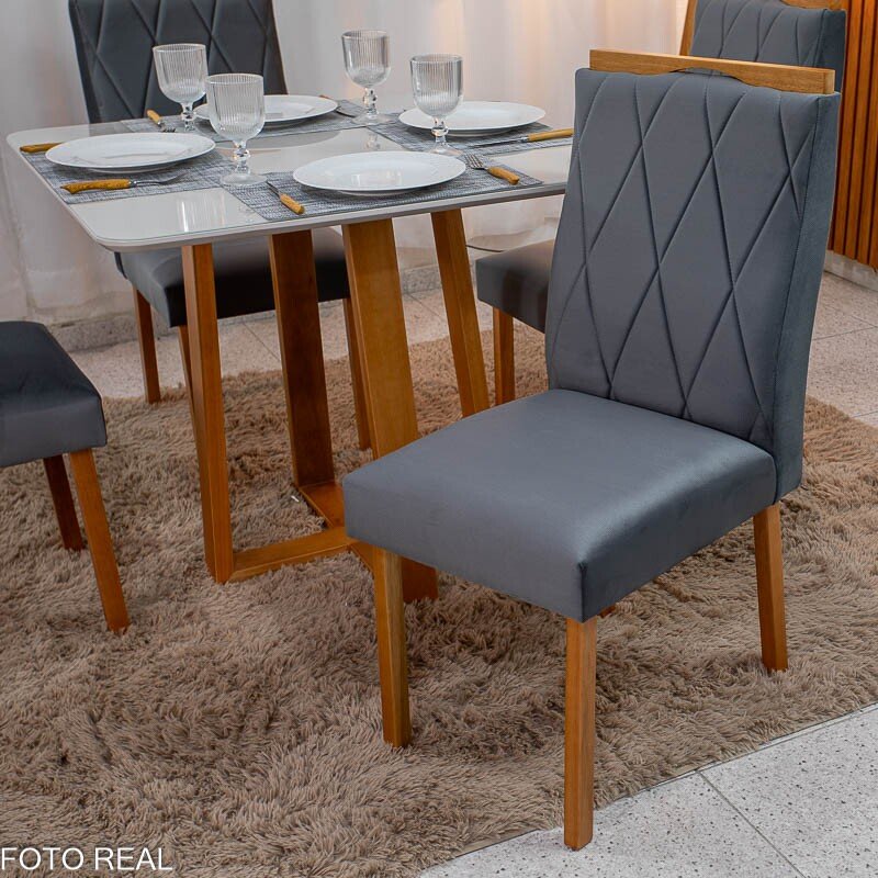 Mesa de Jantar Pedro 90x90 Vidro Off Base Madeira + 4 Cadeiras Lisboa Veludo Cinza 507 Art Assento - Entregue Montada - Imagem 4