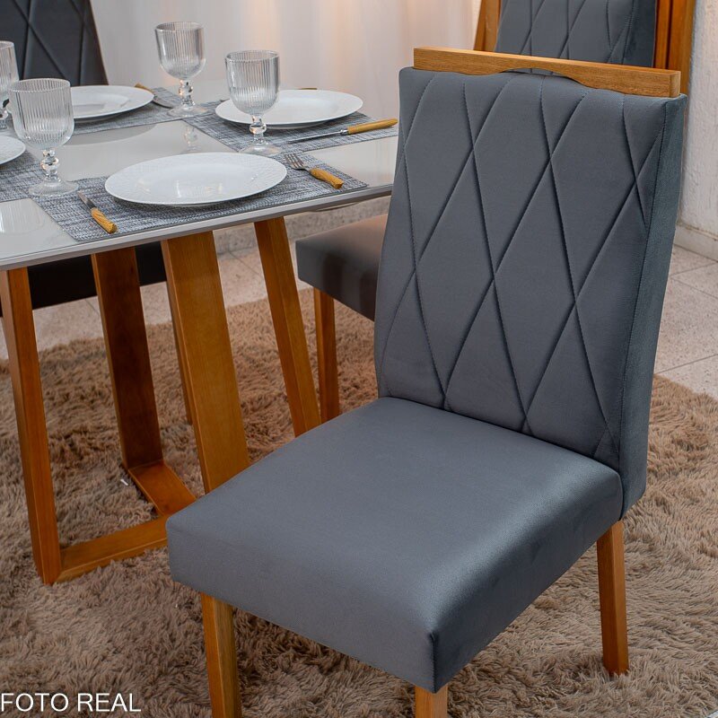Mesa de Jantar Pedro 90x90 Vidro Off Base Madeira + 4 Cadeiras Lisboa Veludo Cinza 507 Art Assento - Entregue Montada - Imagem 5