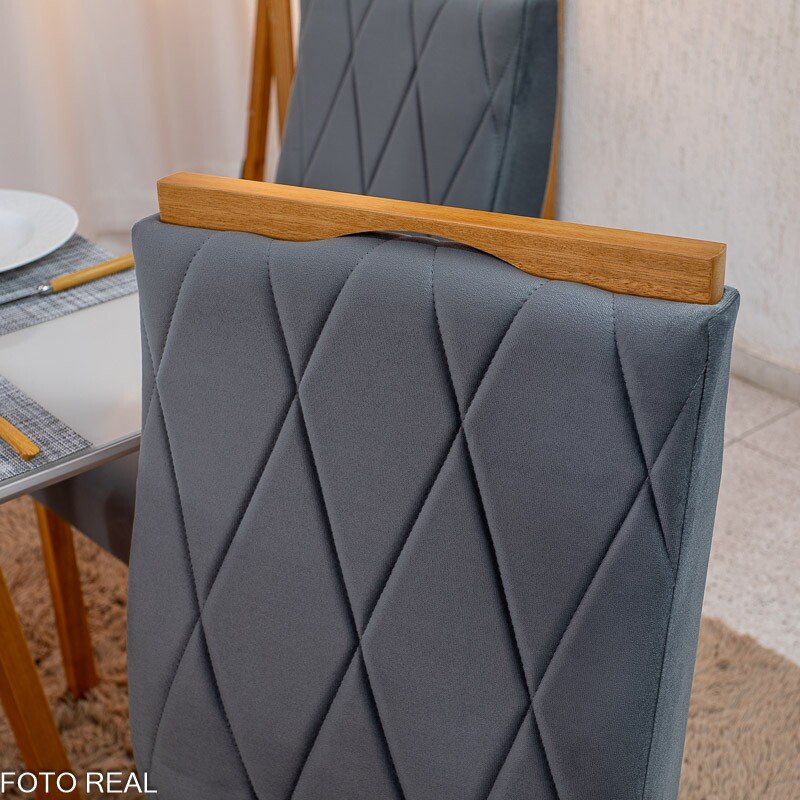 Mesa de Jantar Pedro 90x90 Vidro Off Base Madeira + 4 Cadeiras Lisboa Veludo Cinza 507 Art Assento - Entregue Montada - Imagem 6