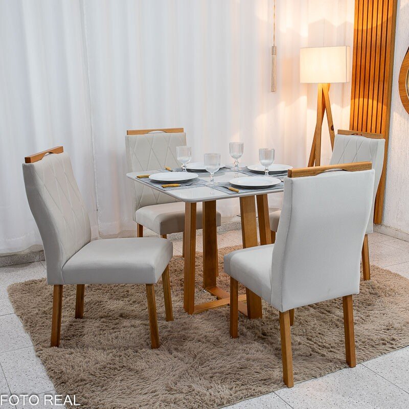 Mesa de Jantar Pedro 90x90 Vidro Off Base Madeira + 4 Cadeiras Lisboa Veludo Bege 512 Art Assento - Entregue Montada