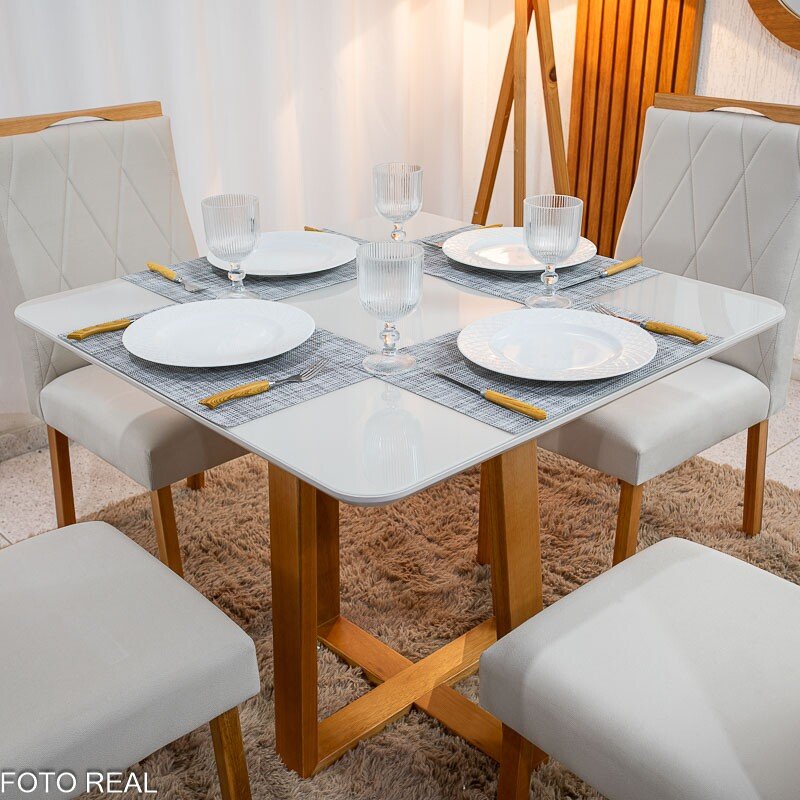 Mesa de Jantar Pedro 90x90 Vidro Off Base Madeira + 4 Cadeiras Lisboa Veludo Bege 512 Art Assento - Entregue Montada - Imagem 2