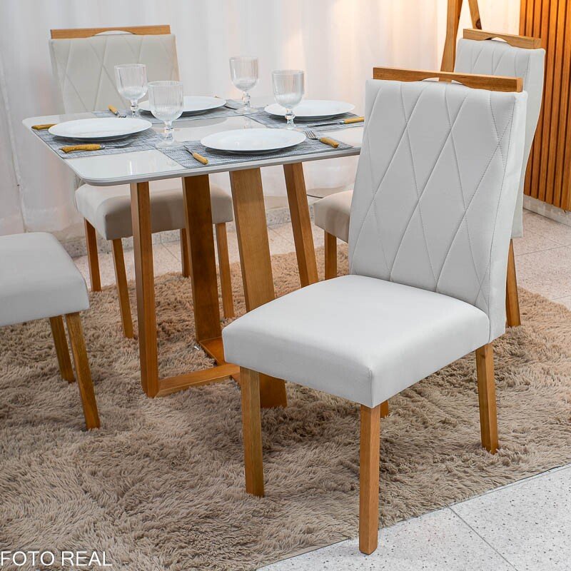 Mesa de Jantar Pedro 90x90 Vidro Off Base Madeira + 4 Cadeiras Lisboa Veludo Bege 512 Art Assento - Entregue Montada - Imagem 4