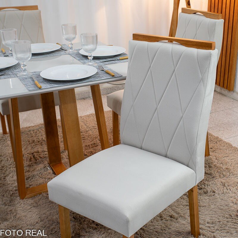 Mesa de Jantar Pedro 90x90 Vidro Off Base Madeira + 4 Cadeiras Lisboa Veludo Bege 512 Art Assento - Entregue Montada - Imagem 5