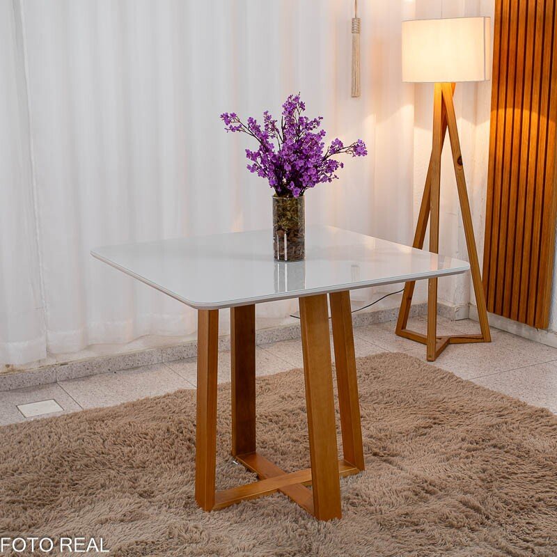 Mesa de Jantar Pedro 90x90 Vidro Off Base Madeira + 4 Cadeiras Lisboa Veludo Cinza 507 Art Assento - Entregue Montada - Imagem 7