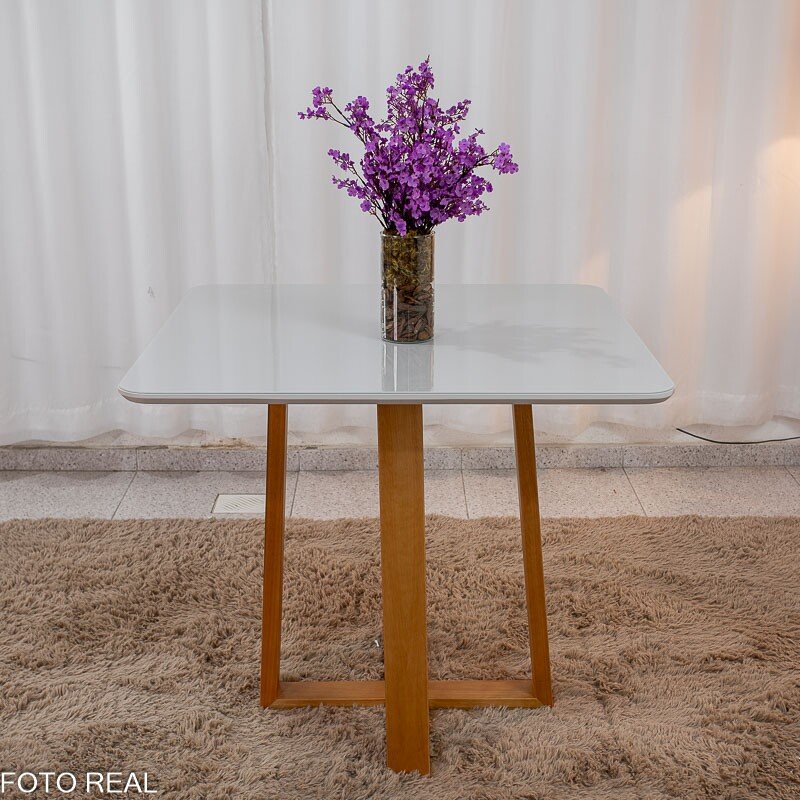 Mesa de Jantar Pedro 90x90 Vidro Off Base Madeira + 4 Cadeiras Lisboa Veludo Bege 512 Art Assento - Entregue Montada - Imagem 8
