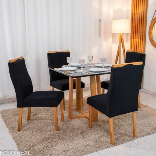 Mesa de Jantar Pedro 90x90 Vidro Preto Base Madeira + 4 Cadeiras Lisboa Veludo Preto 504 Art Assento - Entregue Montada