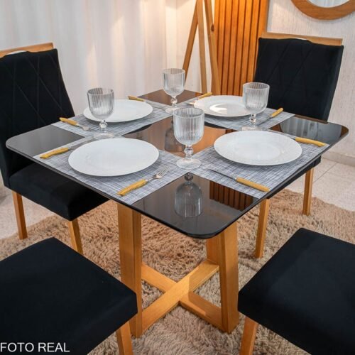 Alternative view of Mesa de Jantar Pedro 90x90 Vidro Preto Base Madeira + 4 Cadeiras Lisboa Veludo Preto 504 Art Assento - Entregue Montada
