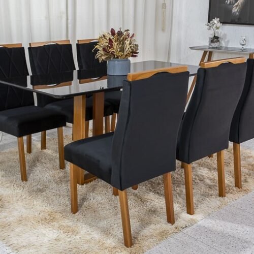 Mesa de Jantar Pedro 160x80 Mel Vidro Preto + 6 Cadeiras Lisboa Veludo Preto 504 Art Assento - Entregue Montada