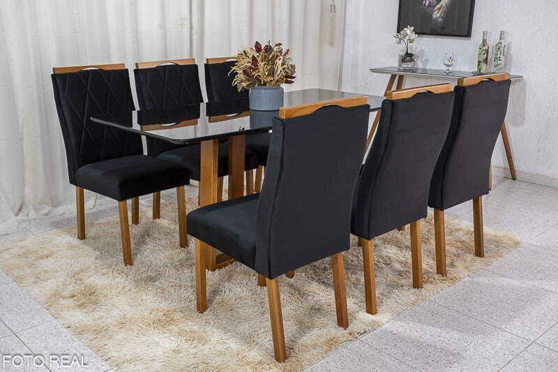 Mesa de Jantar Pedro 160x80 Mel Vidro Preto + 6 Cadeiras Lisboa Veludo Preto 504 Art Assento - Entregue Montada