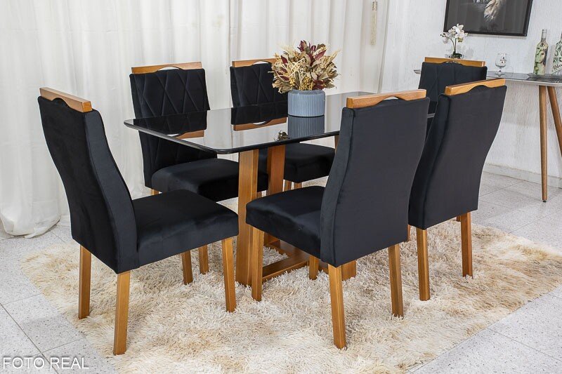 Mesa de Jantar Pedro 160x80 Mel Vidro Preto + 6 Cadeiras Lisboa Veludo Preto 504 Art Assento - Entregue Montada - Imagem 2