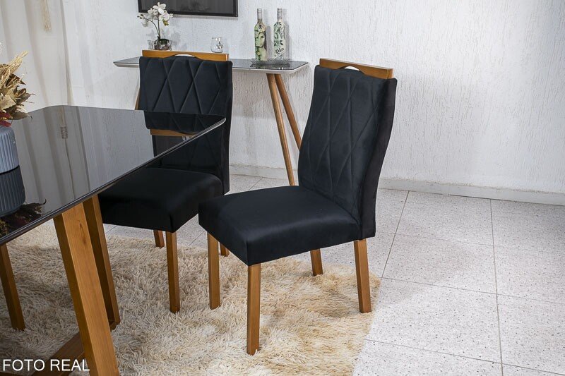 Mesa de Jantar Pedro 160x80 Mel Vidro Preto + 6 Cadeiras Lisboa Veludo Preto 504 Art Assento - Entregue Montada - Imagem 4