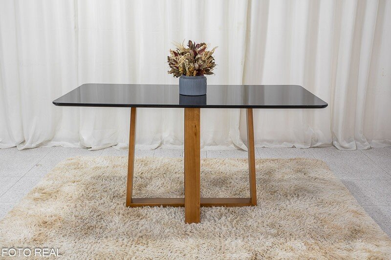 Mesa de Jantar Pedro 160x80 Mel Vidro Preto + 6 Cadeiras Lisboa Veludo Preto 504 Art Assento - Entregue Montada - Imagem 5