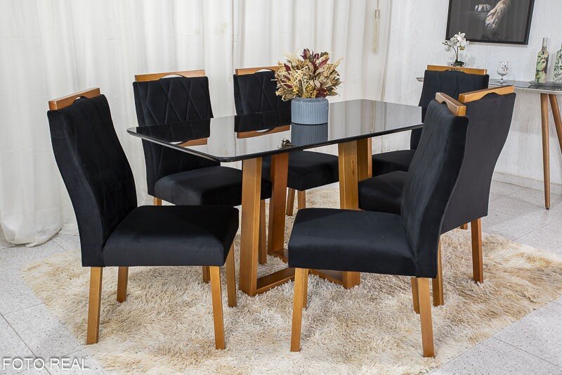Mesa de Jantar Pedro 160x80 Mel Vidro Preto + 6 Cadeiras Lisboa Veludo Preto 504 Art Assento - Entregue Montada - Imagem 3