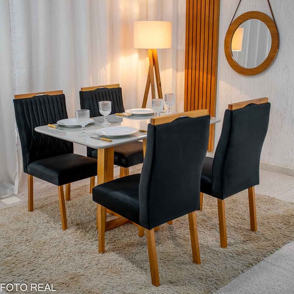 Mesa de Jantar Pedro 120x80 Vidro Off Base Madeira + 4 Cadeiras Gênova Veludo Preto 504 Art Assento - Entregue Montada