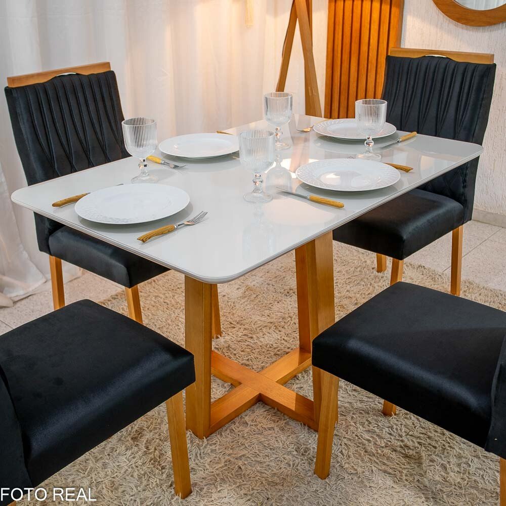 Mesa de Jantar Pedro 120x80 Vidro Off Base Madeira + 4 Cadeiras Gênova Veludo Preto 504 Art Assento - Entregue Montada - Imagem 3