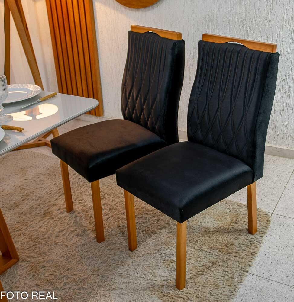 Mesa de Jantar Pedro 120x80 Vidro Off Base Madeira + 4 Cadeiras Gênova Veludo Preto 504 Art Assento - Entregue Montada - Imagem 4
