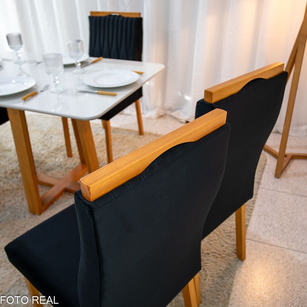 Mesa de Jantar Pedro 120x80 Vidro Off Base Madeira + 4 Cadeiras Gênova Veludo Preto 504 Art Assento - Entregue Montada - Imagem 5