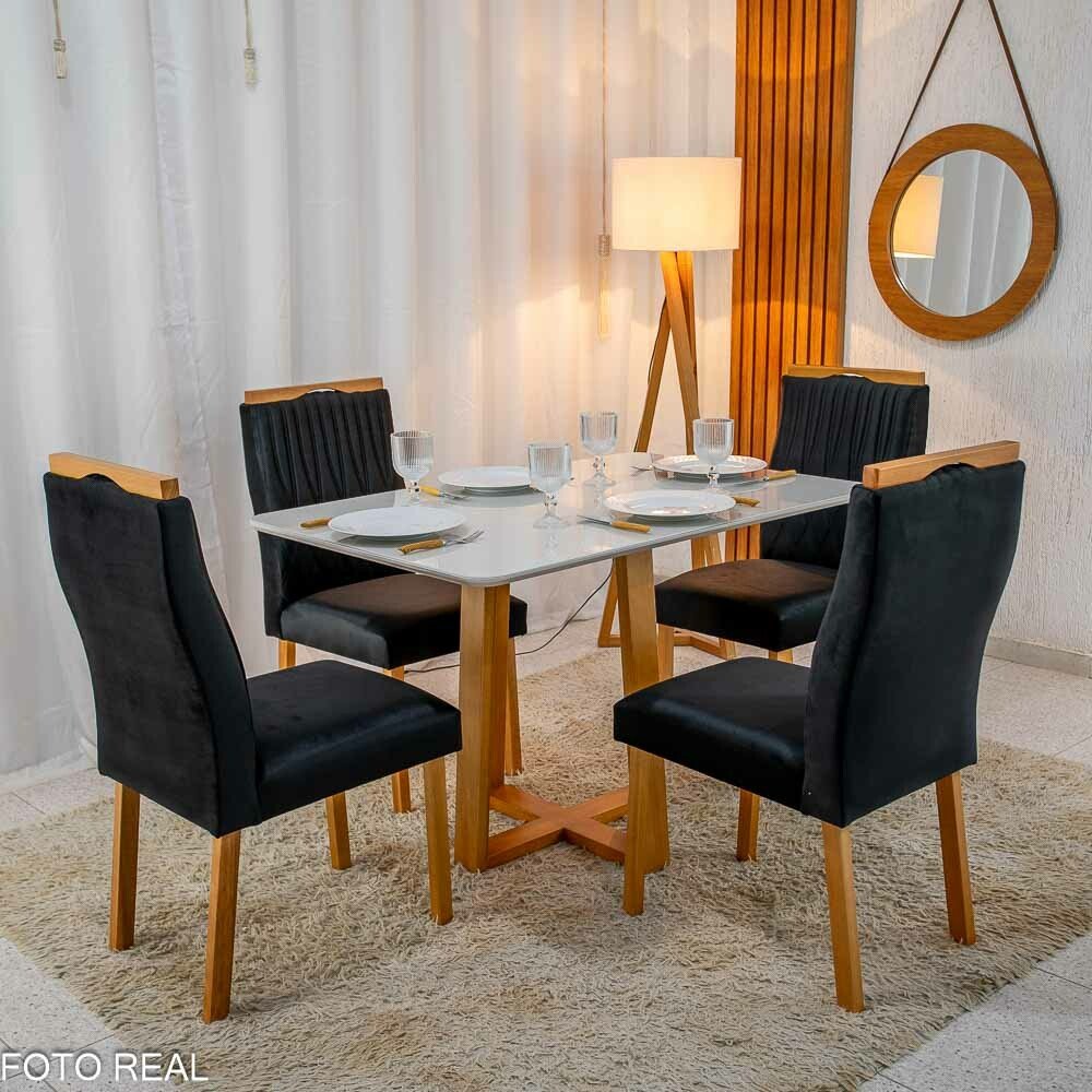 Mesa de Jantar Pedro 120x80 Vidro Off Base Madeira + 4 Cadeiras Gênova Veludo Preto 504 Art Assento - Entregue Montada - Imagem 2