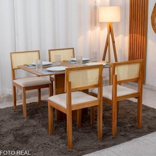 Mesa de Jantar Salina 120x80 Tampo Londres Cinamomo Cel Móveis + 4 Cadeiras Santorini Linho Bege Minas Plac