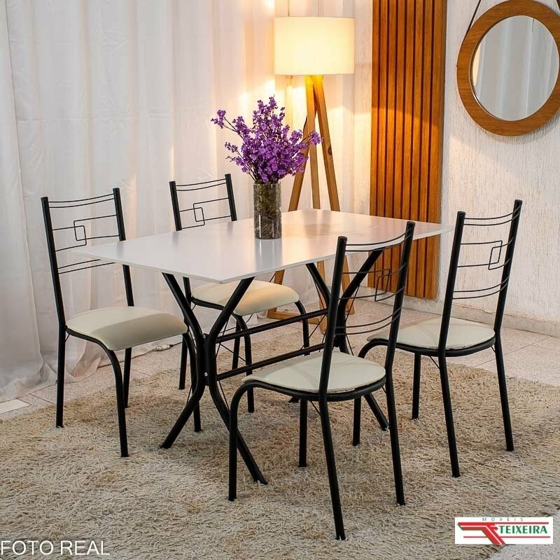 Conjunto Paraty C/4 Cad. Assento Creme Base Cabo Frio Preto Fosco 120x75 Tampo Pedra Off - Teixeira