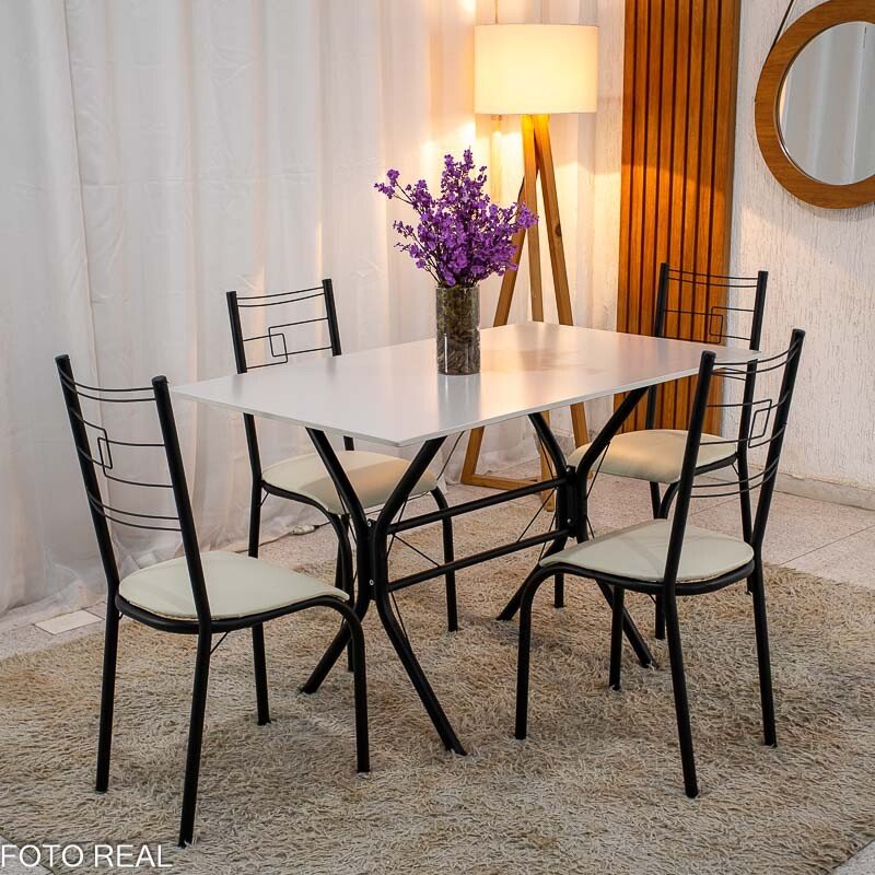 Conjunto Paraty C/4 Cad. Assento Creme Base Cabo Frio Preto Fosco 120x75 Tampo Pedra Off - Teixeira - Imagem 2