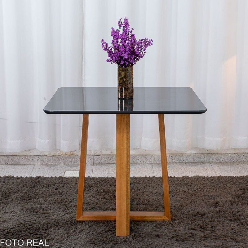 Mesa Pedro 90x90 Vidro Grafite/Base Madeira Art Assento - Entregue Montada - Imagem 3
