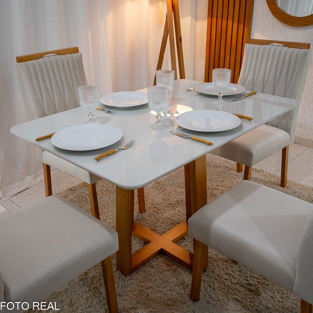 Mesa de Jantar Pedro 120x80 Vidro Off Base Madeira + 4 Cadeiras Gênova Veludo Bege 512 Art Assento - Entregue Montada - Imagem 2