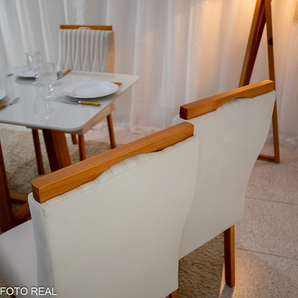 Mesa de Jantar Pedro 120x80 Vidro Off Base Madeira + 4 Cadeiras Gênova Veludo Bege 512 Art Assento - Entregue Montada - Imagem 5
