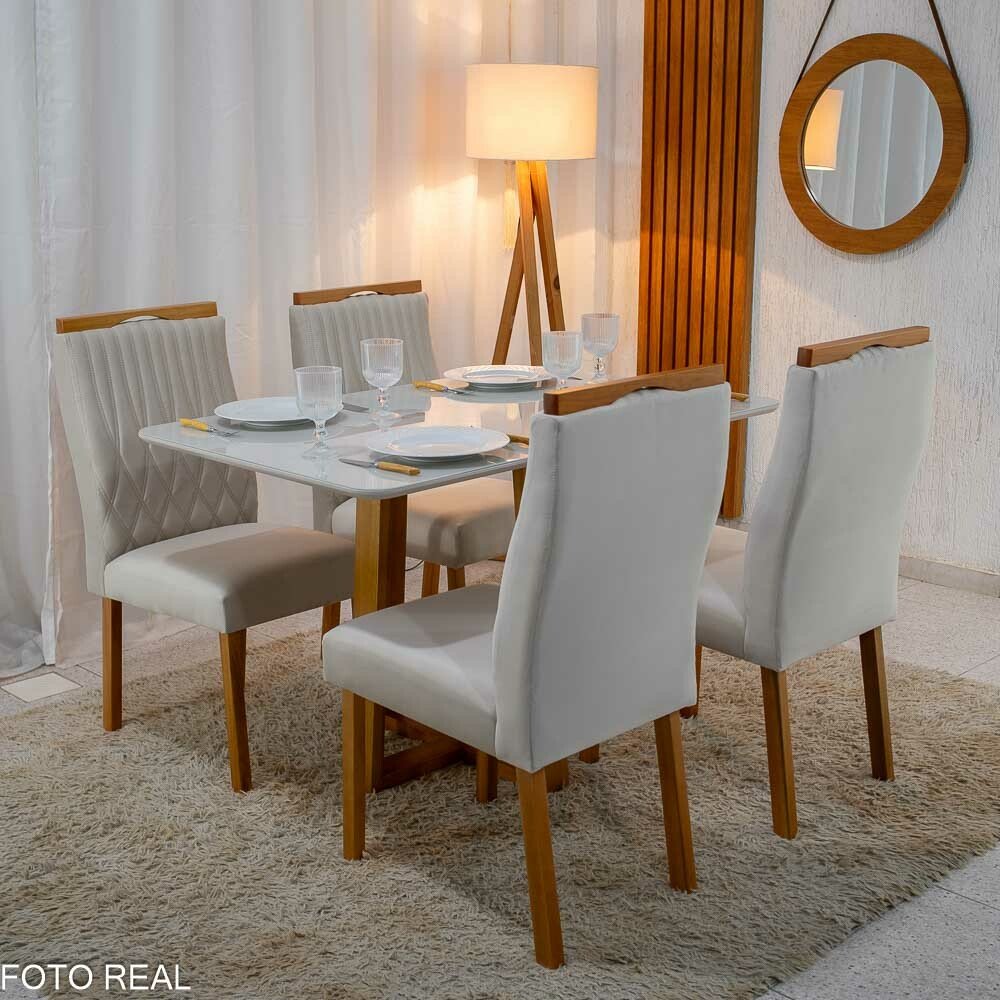 Mesa de Jantar Pedro 120x80 Vidro Off Base Madeira + 4 Cadeiras Gênova Veludo Bege 512 Art Assento - Entregue Montada - Imagem 3