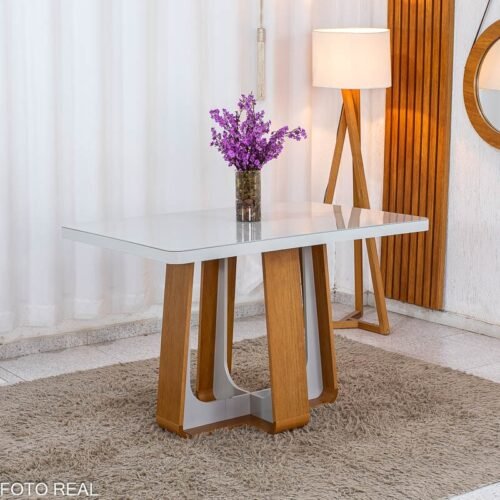 Base Mesa de Jantar Sintonia 120x80 Vidro Off Base Amêndoa/Off - Lopas