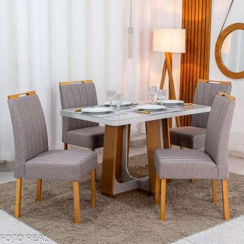 Mesa de Jantar Sintonia 120x80 Tampo Vidro Off Base Amêndoa Off Lopas + 4 Cadeiras Gabi Linho Marrom Bom Lar - Entregue Montada