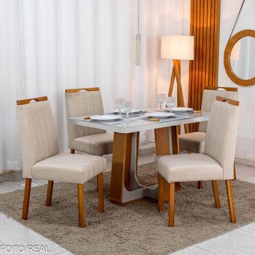 Mesa de Jantar Sintonia 120x80 Tampo Vidro Off Base Amêndoa/Off Lopas + 4 Cadeiras Isabela Linho Bege 01 KM Decor - Entregue Montada
