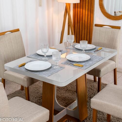 Alternative view of Mesa de Jantar Sintonia 120x80 Tampo Vidro Off Base Amêndoa/Off Lopas + 4 Cadeiras Isabela Linho Bege 01 KM Decor - Entregue Montada