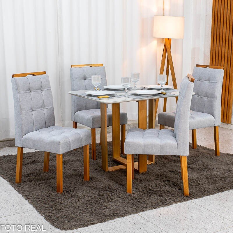 Mesa Tóquio 100x80 Vidro Off Base Madeira + 4 Cadeiras Londres Linho Prata Estrutura Madeira Minas Plac - Entregue Montada