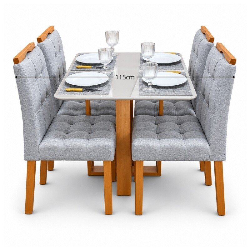 Mesa Tóquio 100x80 Vidro Off Base Madeira + 4 Cadeiras Londres Linho Prata Estrutura Madeira Minas Plac - Entregue Montada - Imagem 10