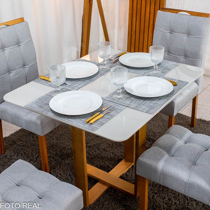 Mesa Tóquio 100x80 Vidro Off Base Madeira + 4 Cadeiras Londres Linho Prata Estrutura Madeira Minas Plac - Entregue Montada - Imagem 2