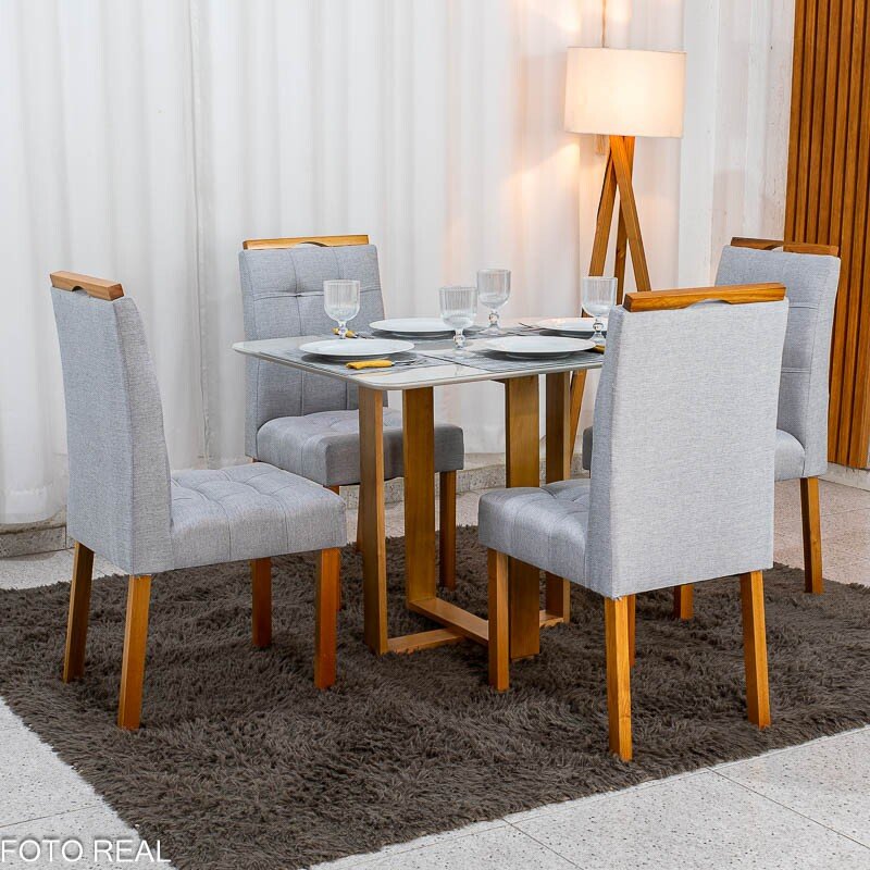 Mesa Tóquio 100x80 Vidro Off Base Madeira + 4 Cadeiras Londres Linho Prata Estrutura Madeira Minas Plac - Entregue Montada - Imagem 3