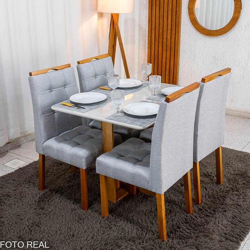 Mesa Tóquio 100x80 Vidro Off Base Madeira + 4 Cadeiras Londres Linho Prata Estrutura Madeira Minas Plac - Entregue Montada - Imagem 4