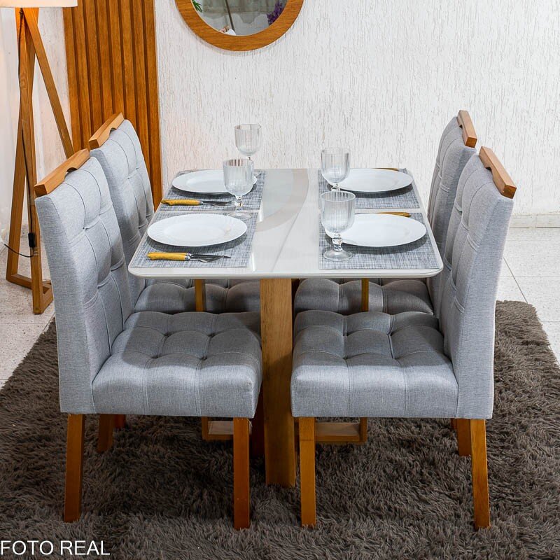 Mesa Tóquio 100x80 Vidro Off Base Madeira + 4 Cadeiras Londres Linho Prata Estrutura Madeira Minas Plac - Entregue Montada - Imagem 5