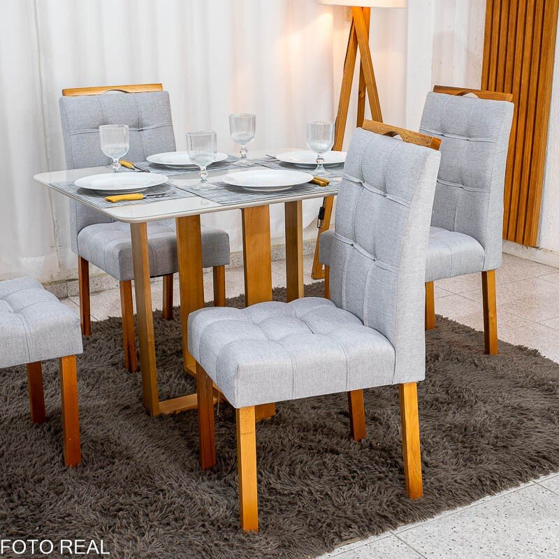 Mesa Tóquio 100x80 Vidro Off Base Madeira + 4 Cadeiras Londres Linho Prata Estrutura Madeira Minas Plac - Entregue Montada - Imagem 6