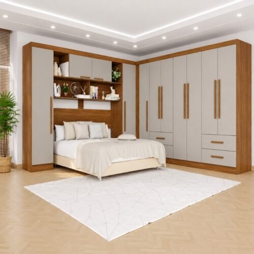 Modulado Apolo Premium Cinamomo/Off para Cama até 1,60m + Módulo Canto Fortaleza Cinamomo/Off + Guarda-roupa Texas Premium Cinamomo/Off 6 Portas 4 Gavetas - Sallêto