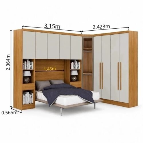 Alternative view of Quarto Modulado Casal Rizon New Cumaru/Fendi: Guarda-roupa Rizon 4 Portas + 2 Criados + Canto Oblíquo com Porta de Vidro + Rizon Aéreo 1,45m Casal - Novo Horizonte
