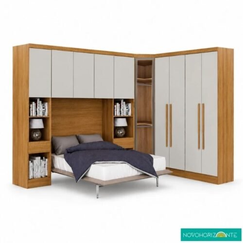 Quarto Modulado Casal Rizon New Cumaru/Fendi: Guarda-roupa Rizon 4 Portas + 2 Criados + Canto Oblíquo com Porta de Vidro + Rizon Aéreo 1,45m Casal - Novo Horizonte