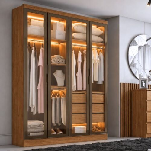 Módulo 1,59m Rizon 4 Portas Reflecta 3 Gavetas Cumaru com LED - Novo Horizonte