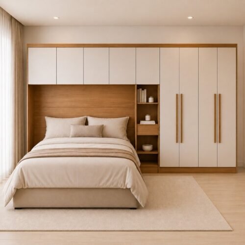Quarto Modulado Casal Rizon Cumaru/Fendi: Guarda-roupa Rizon 4 Portas + Criado Rizon + Rizon Aéreo 1.67m 4 Portas - Novo Horizonte